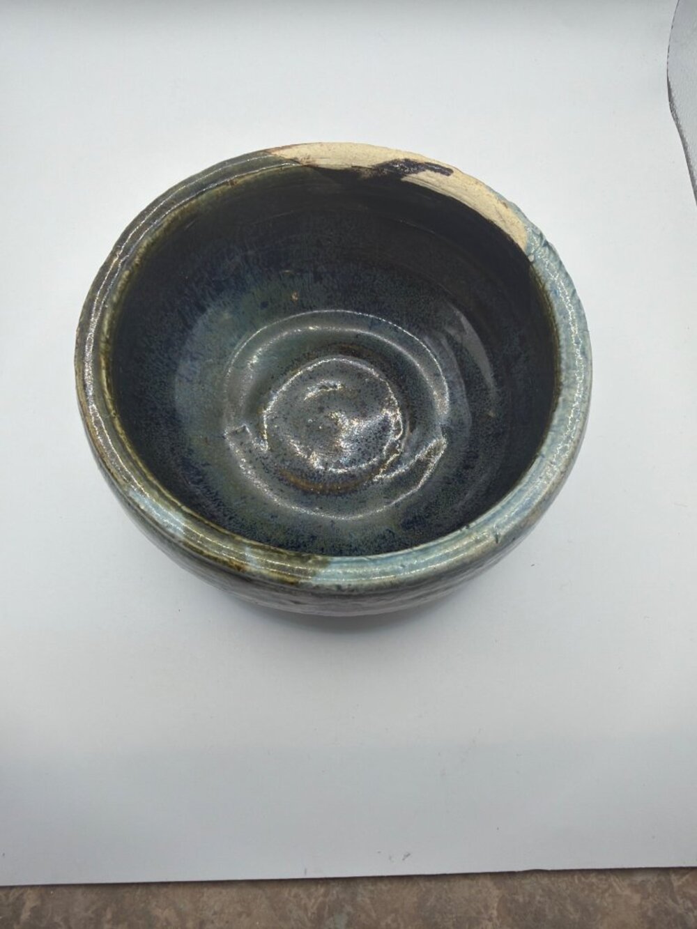 Handmade Ceramic Bowl With Blue Glaze & Rustic Details Signed By Artist